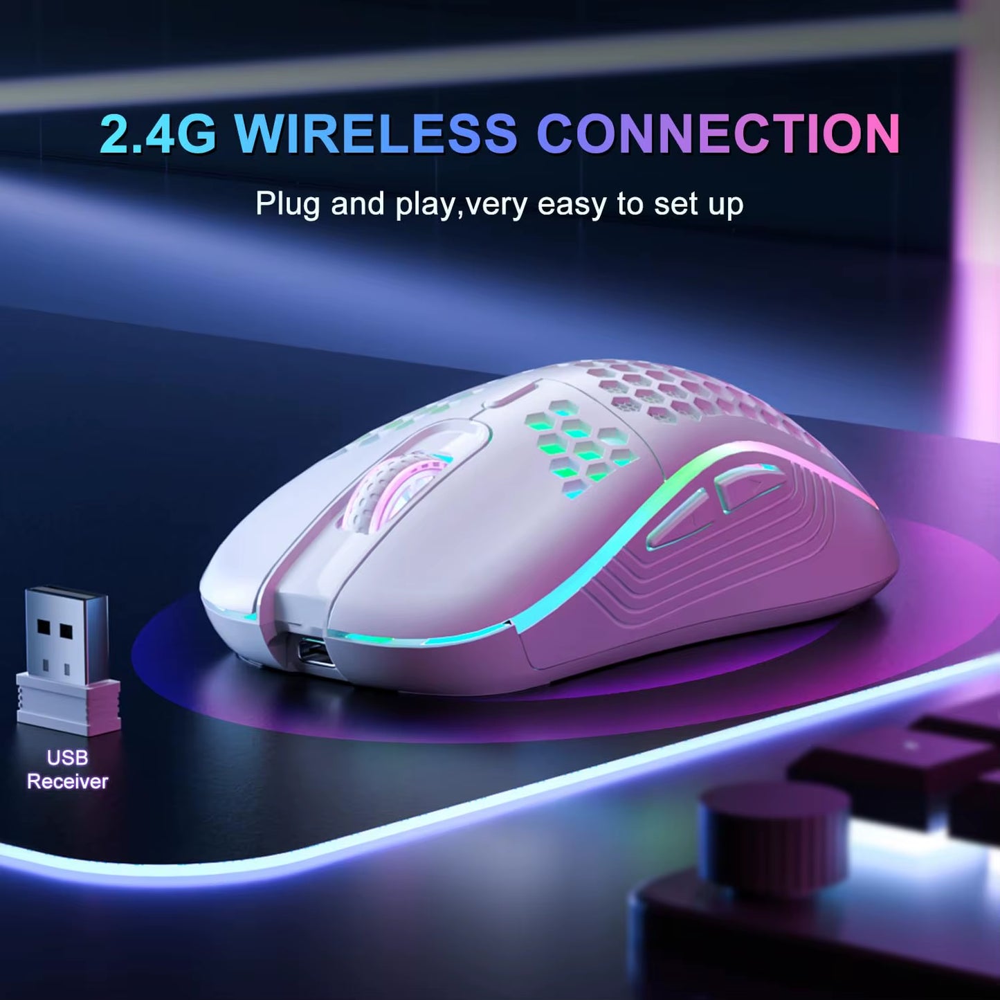 Wireless RGB Backlit Gaming Mouse with 6 Buttons, 3-Speed DPI, Type C Rechargeable, Ergonomic Honeycomb Design