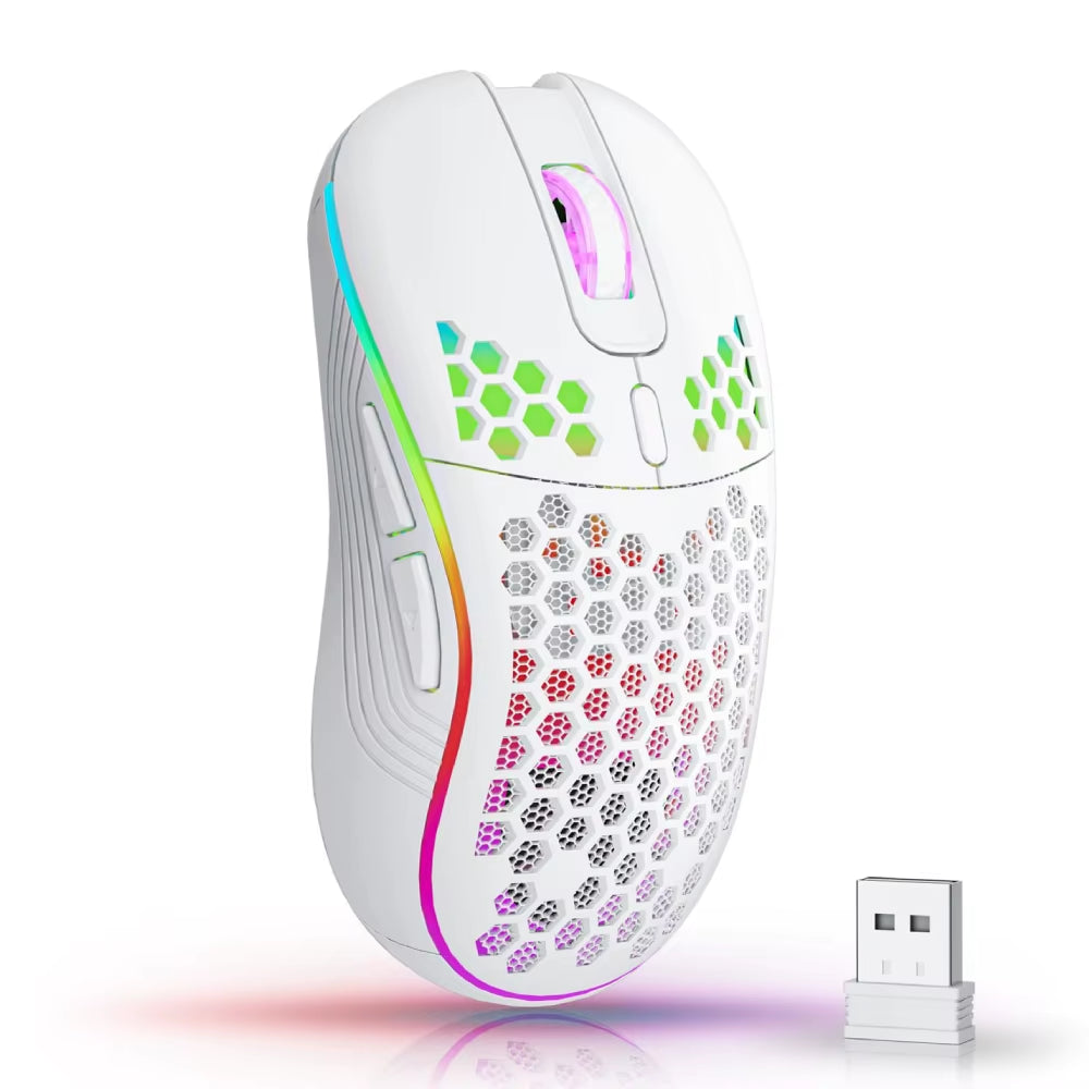 Wireless RGB Backlit Gaming Mouse with 6 Buttons, 3-Speed DPI, Type C Rechargeable, Ergonomic Honeycomb Design