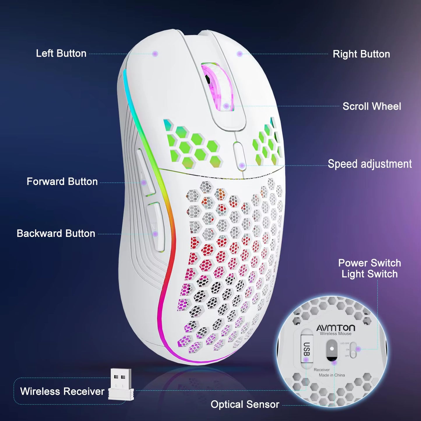 Wireless RGB Backlit Gaming Mouse with 6 Buttons, 3-Speed DPI, Type C Rechargeable, Ergonomic Honeycomb Design
